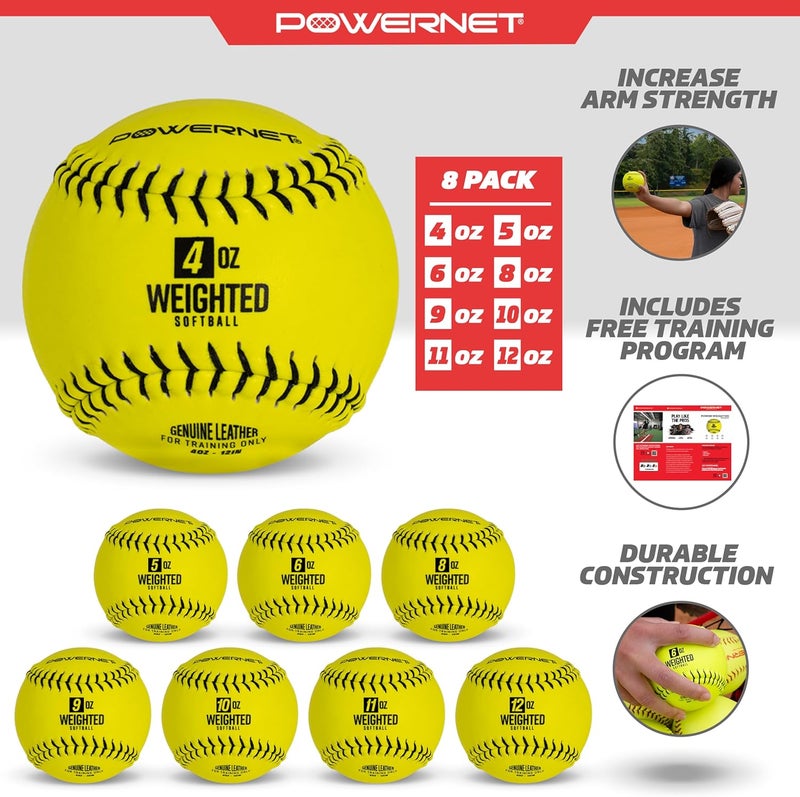 PowerNet Weighted Softballs, Official 12 Inch Size, Progressive Weighted Balls for Softball Training, Improve Throwing Mechanics, 8 Different Weights Included, 4 to 12 oz - Image 3